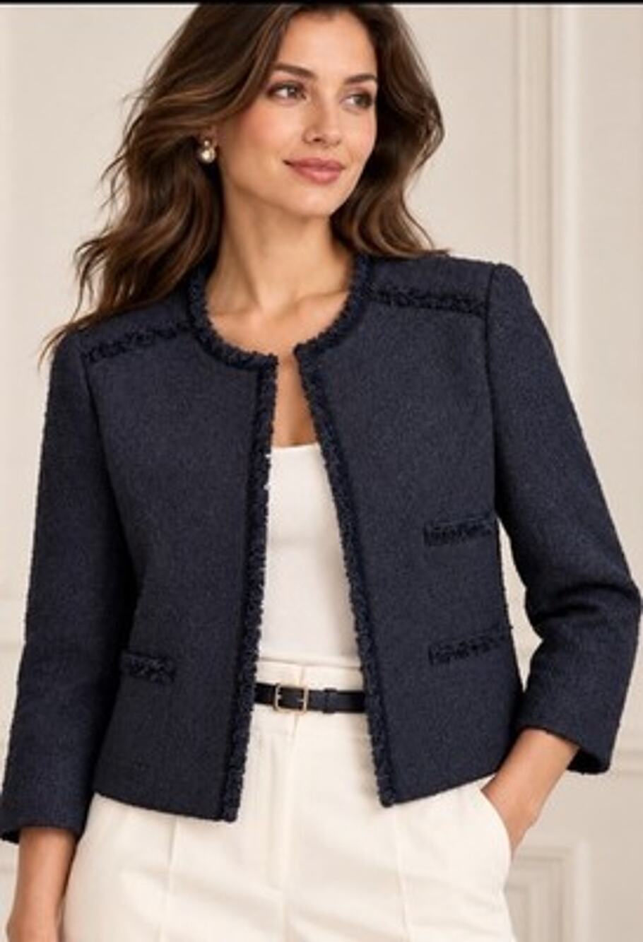 Helene London Wool Blend Boucle Tweed Jacket Blazer Sz XL Fringe Trim Luxury